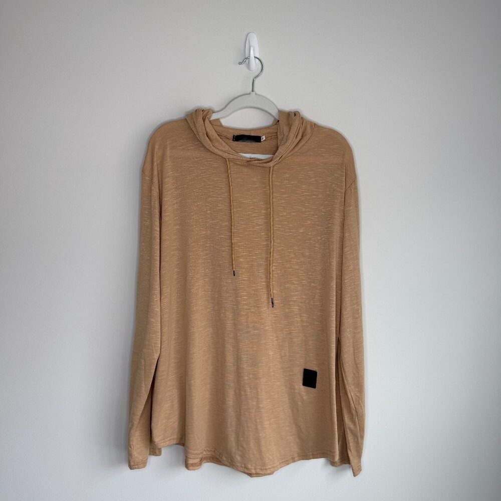 Hooded Long Sleeve Curved Hem Khaki Drawstring Shirt